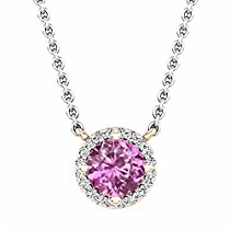 14K Rose Gold Round Pink Sapphire And White Diamond Ladies Halo Pendant (Silver Chain Included)